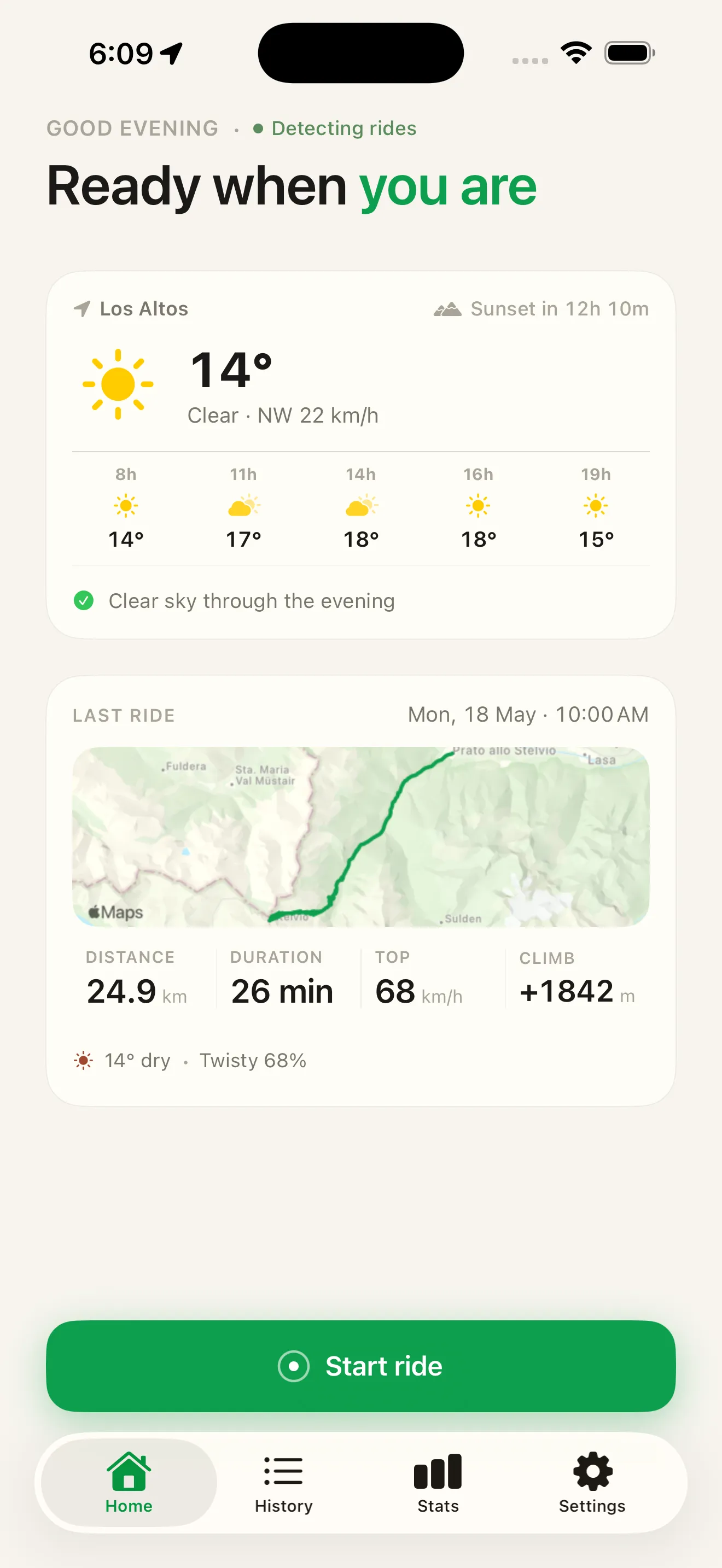 Roveri home screen with weather, last-ride card and Start ride button