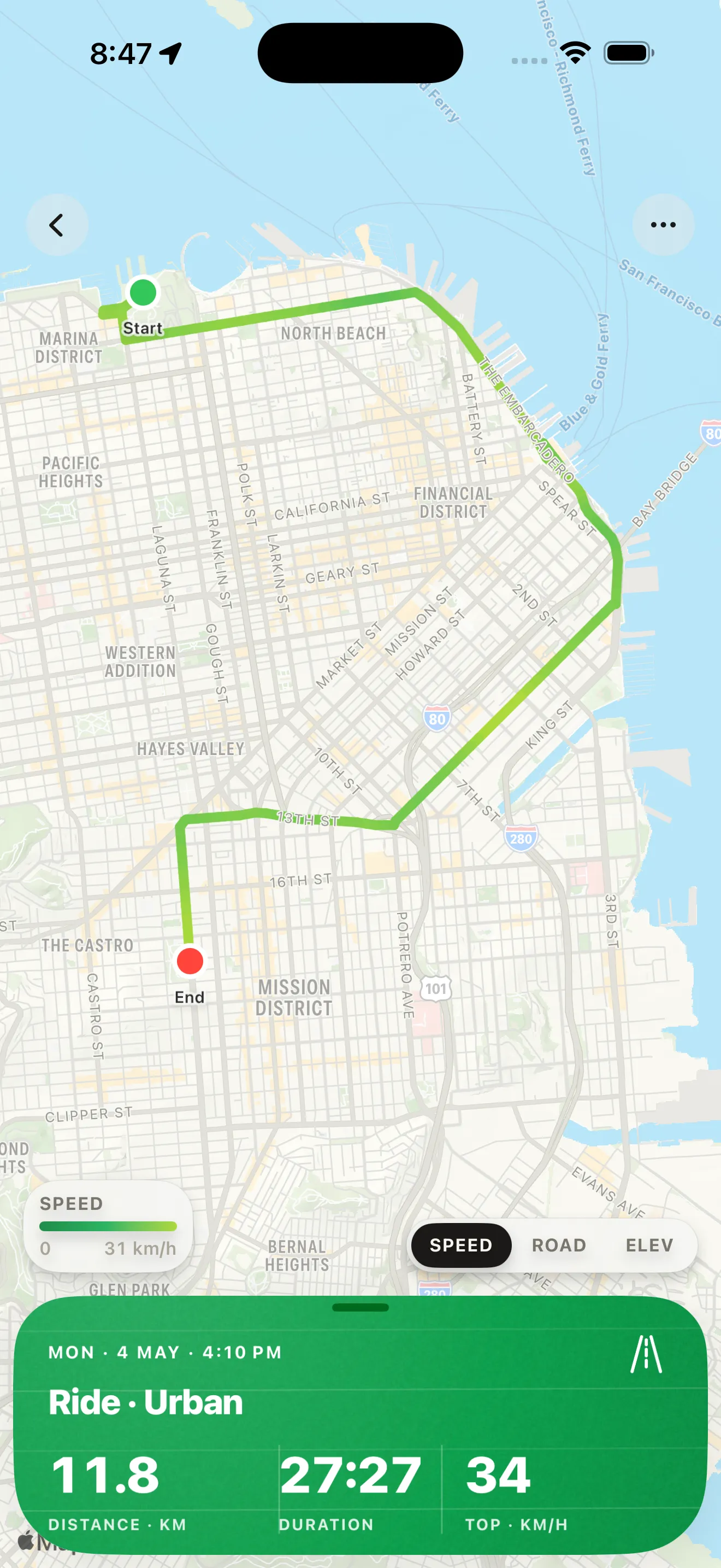 A single ride's route shown on the map — San Francisco urban loop