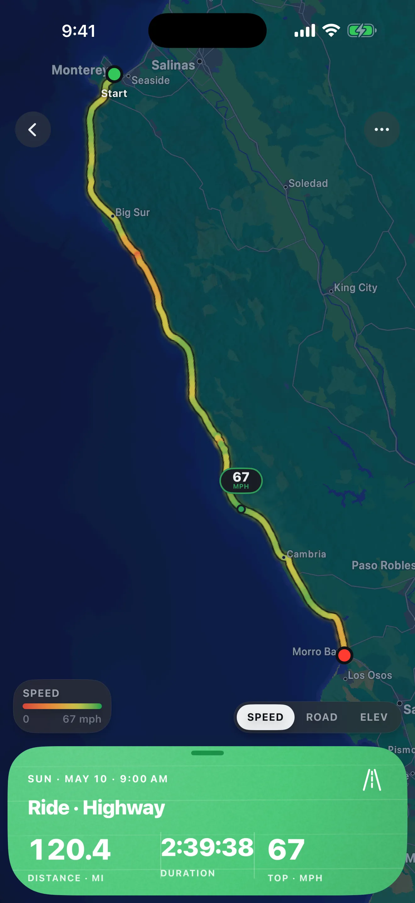 Roveri showing a recorded ride traced along a dark coastal map, with a green stats panel