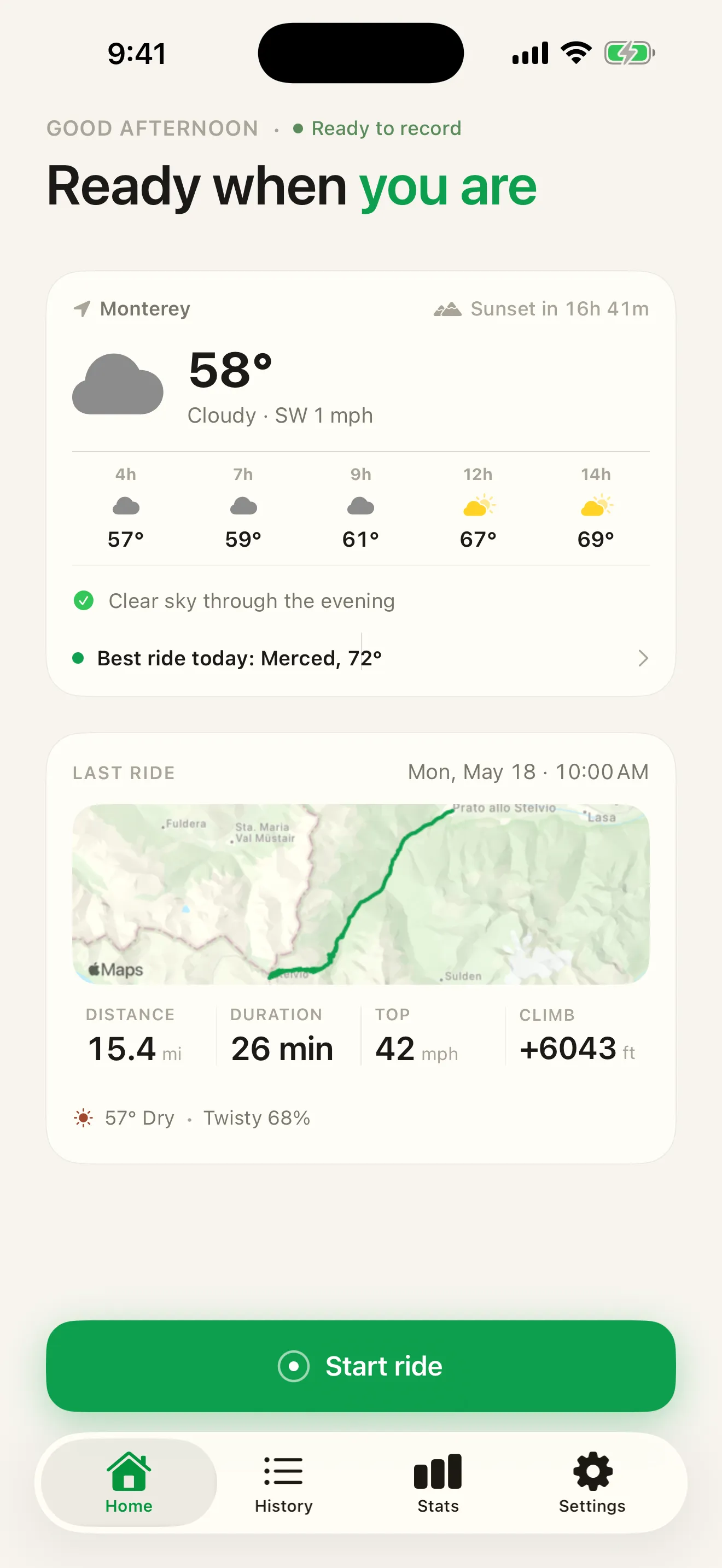 Roveri home screen — weather, today's best ride, the last-ride card, and the Start ride button