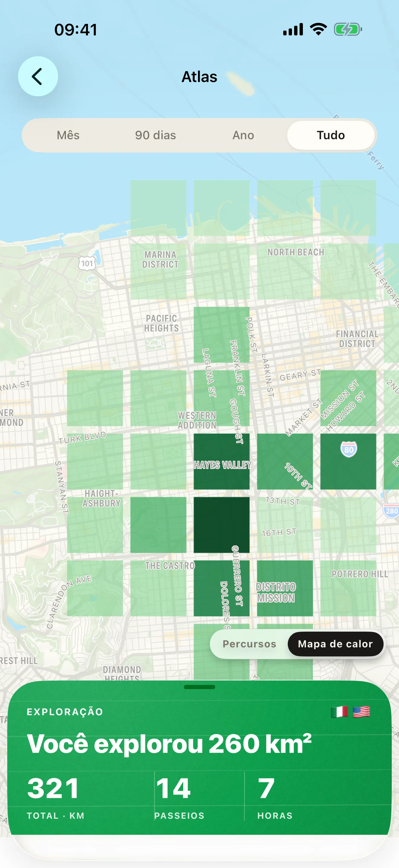 O Atlas no Roveri — as estradas de uma cidade desenhadas como quadrados verdes em um mapa, mais intensos onde os passeios se repetem