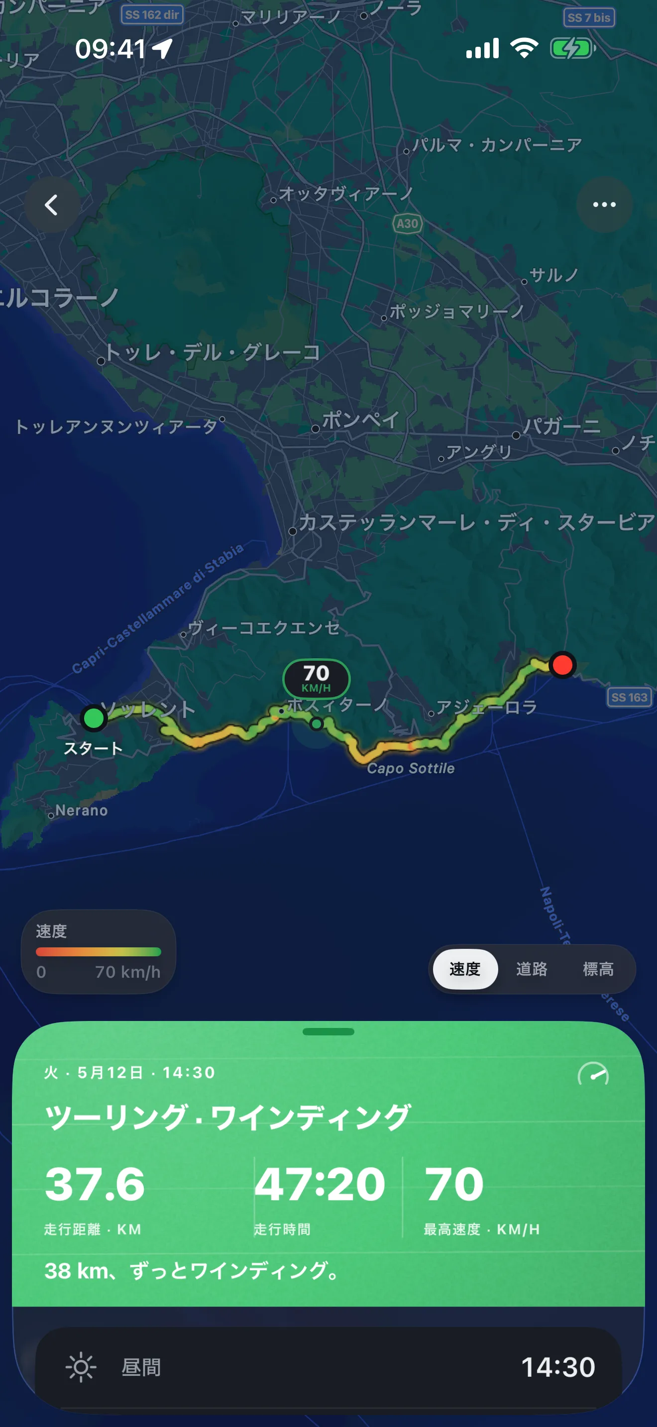 記録したツーリングのルートが暗い海岸沿いの地図に描かれ、隣に緑色の統計パネルが表示されているRoveriの画面です。