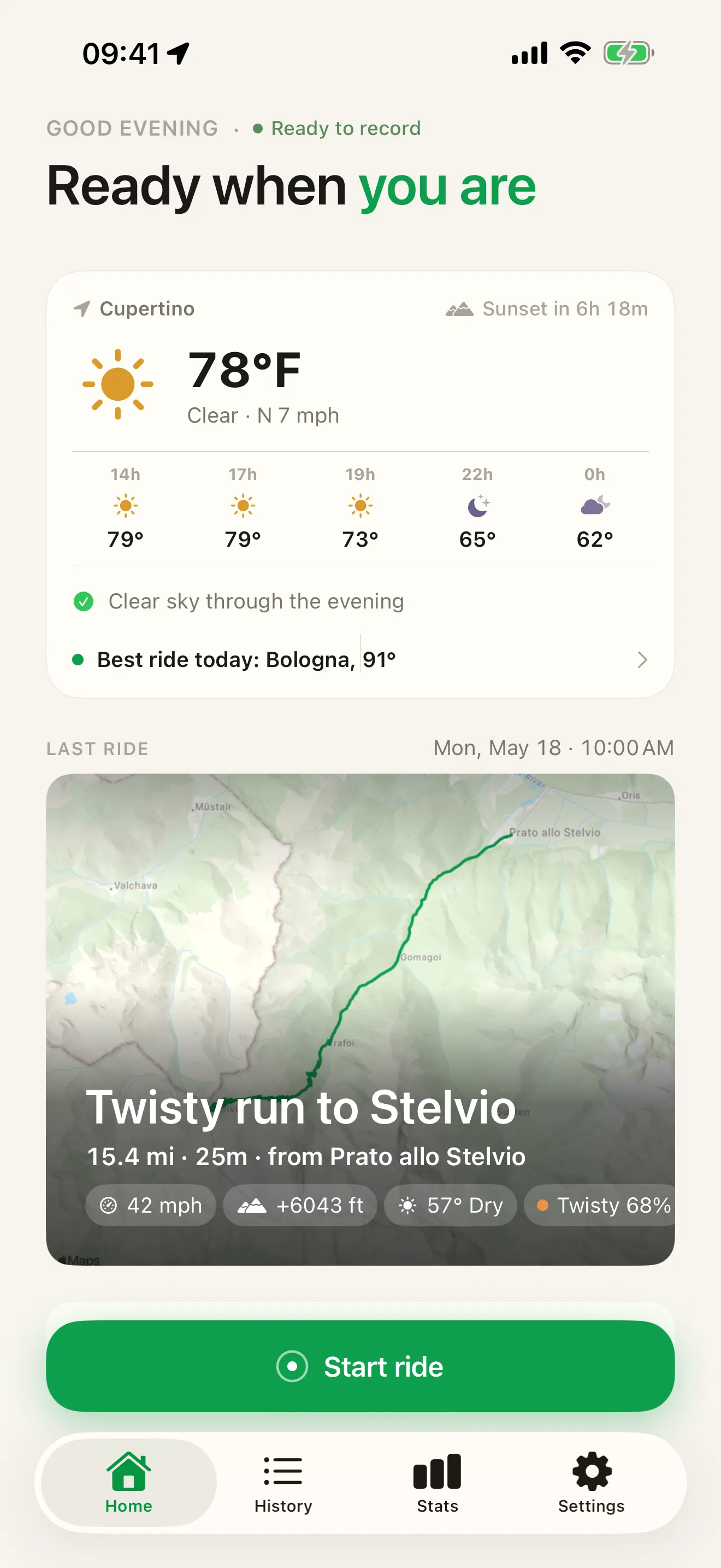 Roveri home screen — the day's riding weather, the last ride's card, and the Start ride button