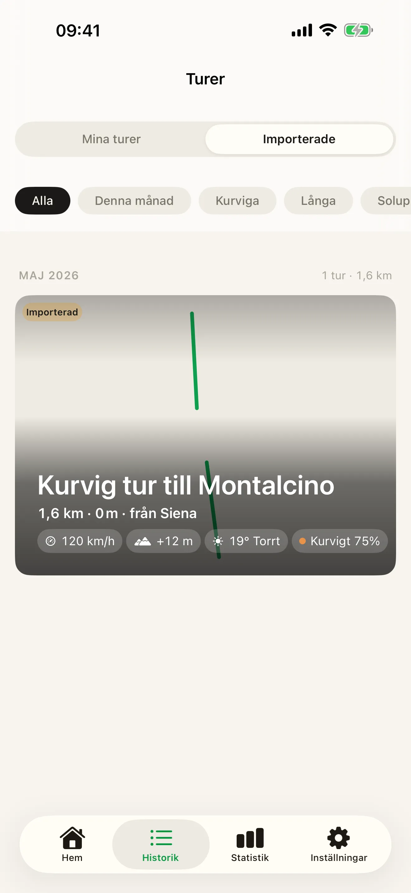 Skärmen ”Turer” i Roveri med segmentet ”Importerade” valt – en importerad tur med brickan ”Importerad” och titeln ”Kurvig tur till Montalcino”, rutten uppritad uppifrån och ner över kortet och värdena 120 km/h, +12 m, 19° Torrt och Kurvigt 75 %