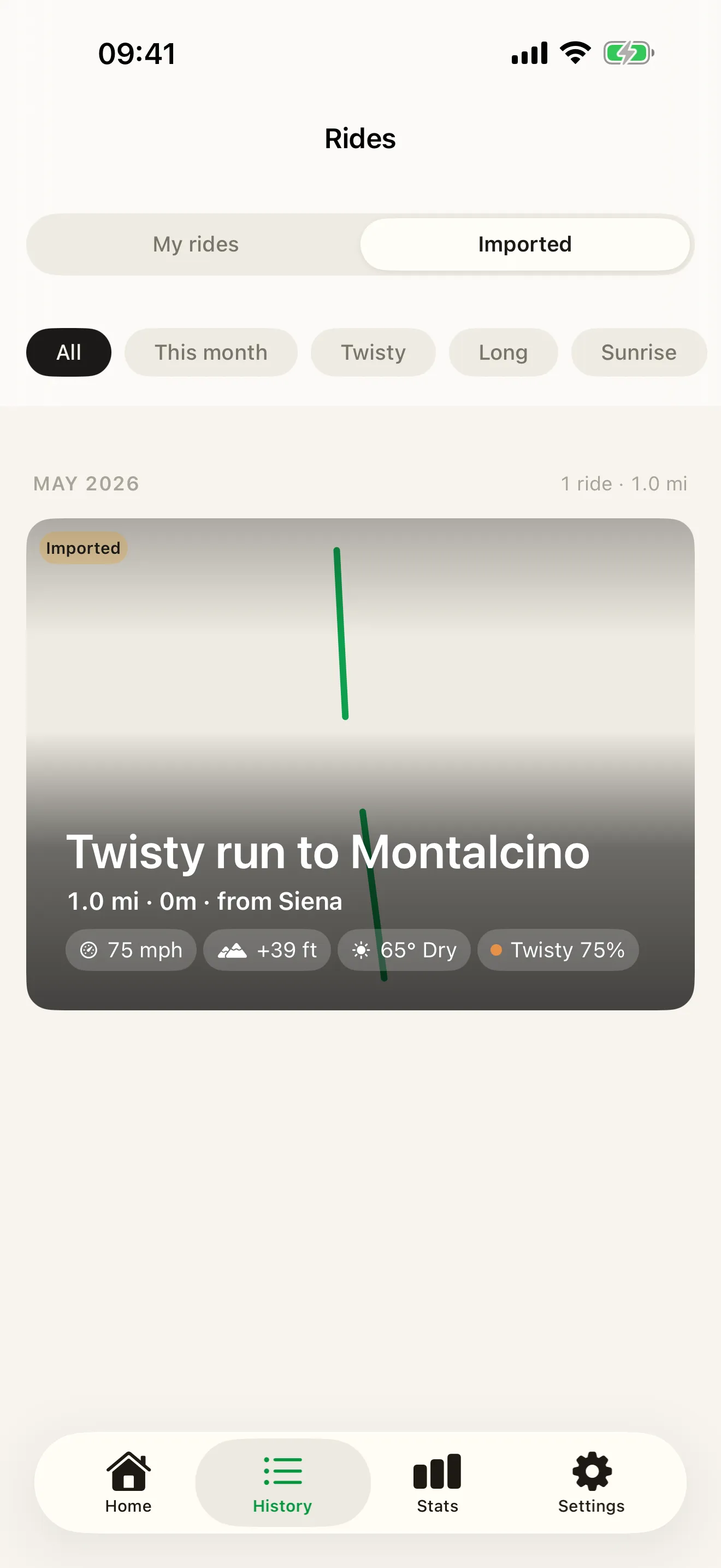 Roveri's Rides screen with the Imported segment selected — one imported ride card badged Imported and titled Twisty run to Montalcino, its route running down the card, with chips for top speed, climb, temperature and how twisty the road was