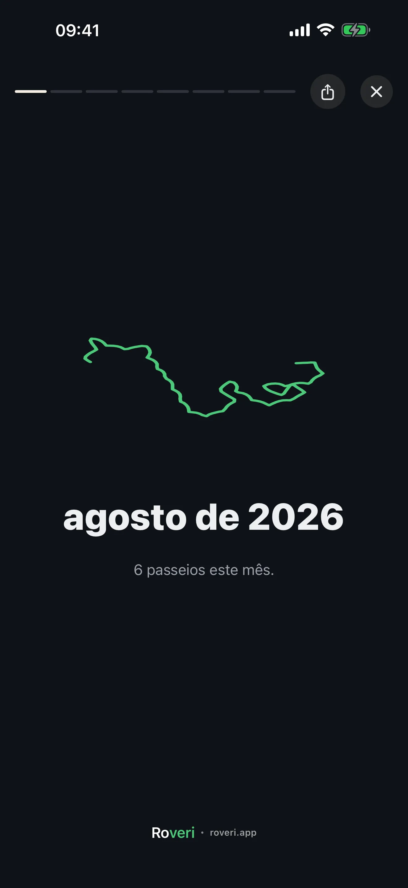 A capa de um Rewind do Roveri: um mês de passeios desenhado como uma única linha verde sobre um cartão escuro, e embaixo o mês e o número de saídas
