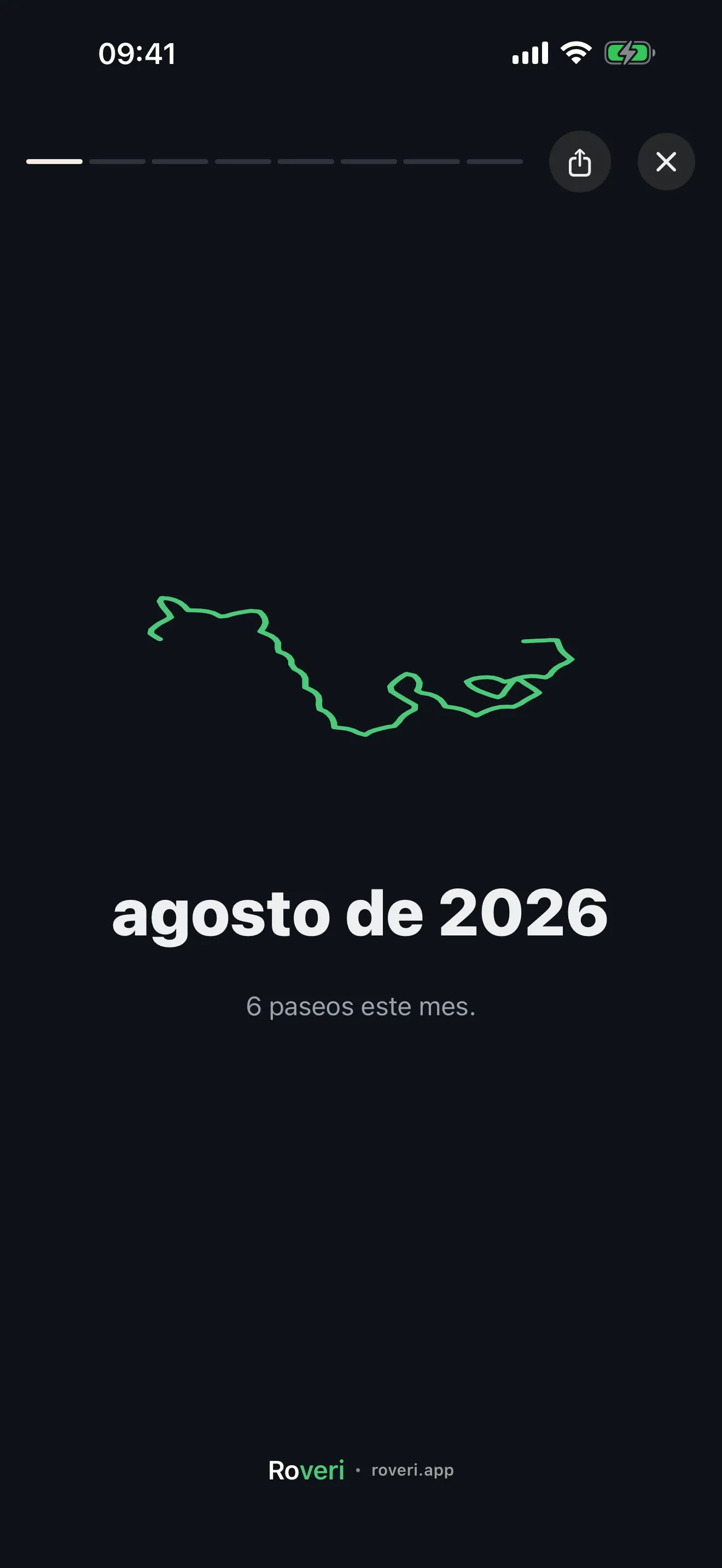 La portada de un Rewind de Roveri: un mes de rodar dibujado como una sola ruta verde sobre una tarjeta oscura, y debajo el mes y el número de salidas