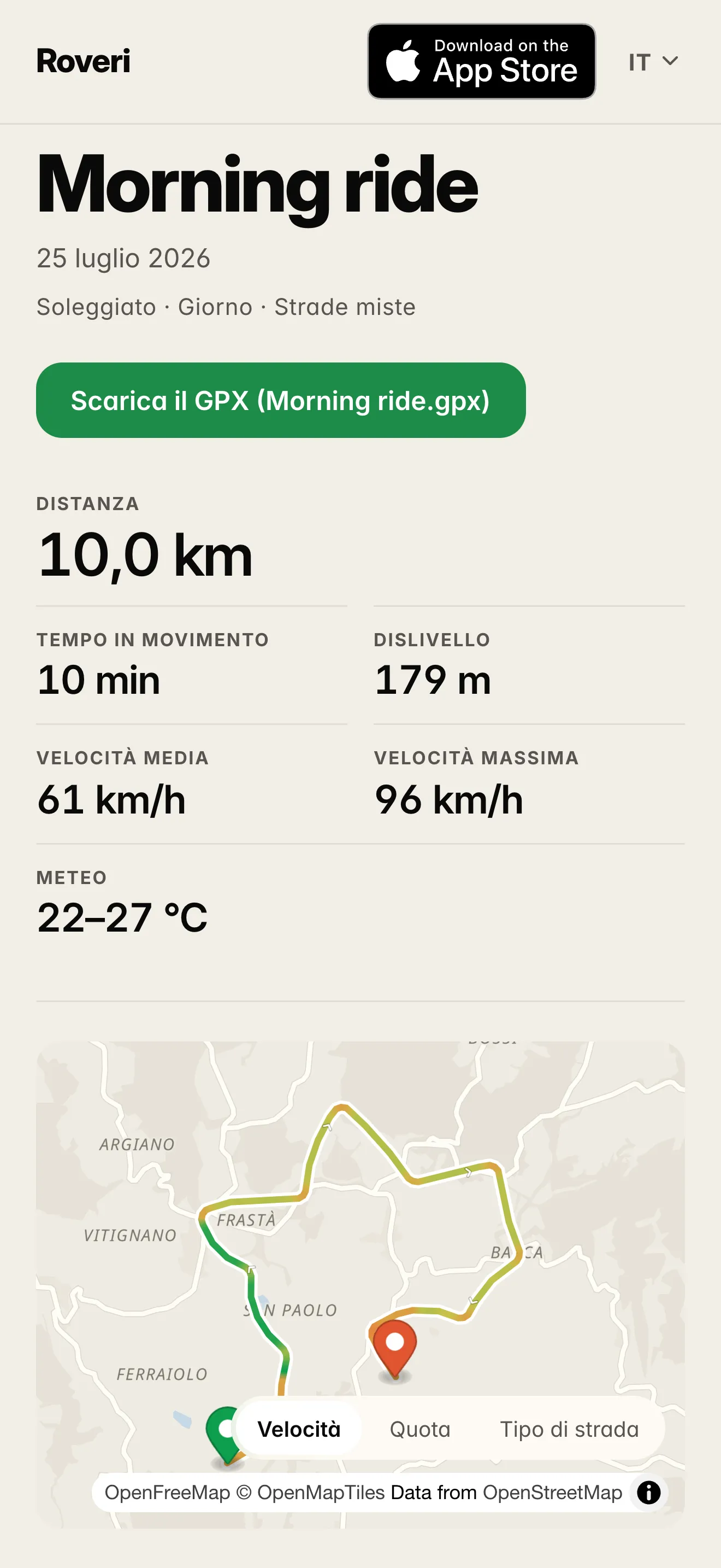 Un giro Roveri condiviso, aperto nel browser, creato con tutti e due i comandi di privacy disattivati: il titolo e la data, una riga «Soleggiato · Giorno · Strade miste», un pulsante verde «Scarica il GPX (Morning ride.gpx)», poi la distanza, il tempo in movimento, il dislivello, la velocità media e quella massima e un intervallo di temperatura, e in fondo il tracciato su una mappa con i livelli «Velocità», «Quota» e «Tipo di strada». Lasciata sulle impostazioni di partenza, la stessa pagina nasconde la velocità massima e offre solo «Quota» e «Tipo di strada».
