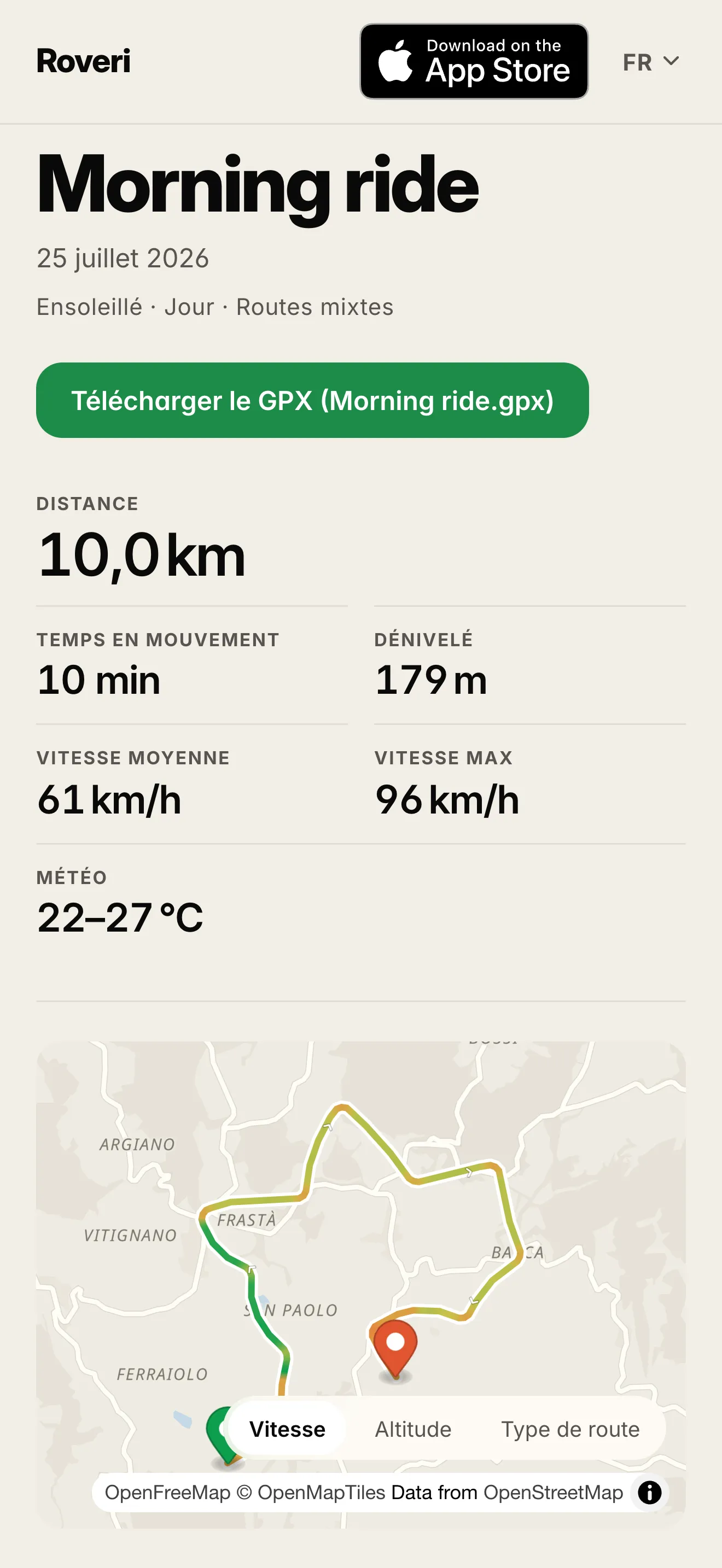Une balade Roveri partagée, ouverte dans un navigateur, créée avec les deux réglages de confidentialité désactivés : le titre et la date, une ligne « Ensoleillé · Jour · Routes mixtes », un bouton vert « Télécharger le GPX (Morning ride.gpx) », puis la distance, le temps en mouvement, le dénivelé, la vitesse moyenne et la vitesse max et une plage de températures, et tout en bas le tracé sur une carte avec les calques « Vitesse », « Altitude » et « Type de route ». Laissée sur ses réglages par défaut, la même page masque la vitesse max et ne propose que « Altitude » et « Type de route ».