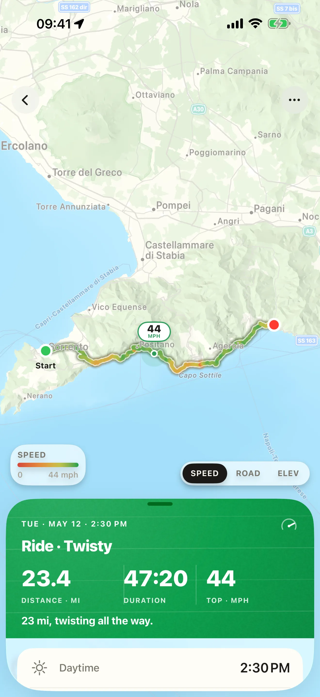 A ride's route painted by speed along a coastal road