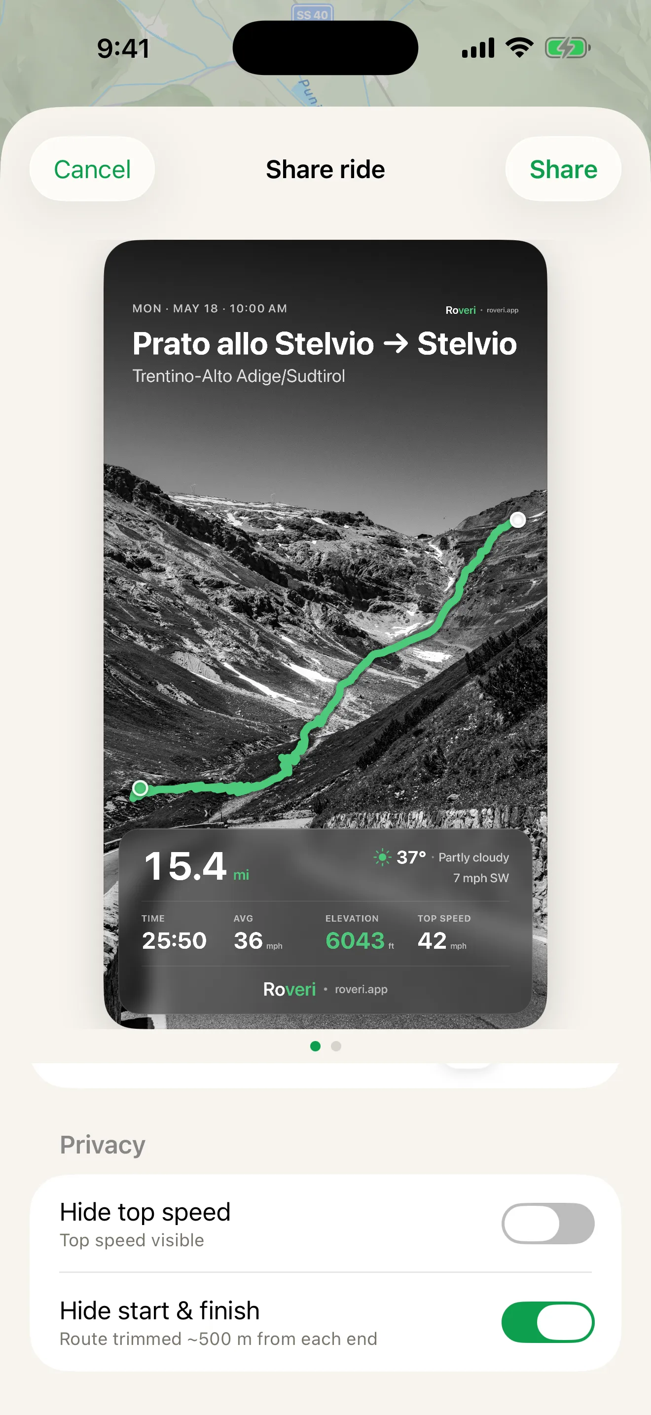A Roveri ride share card over a black-and-white mountain photo