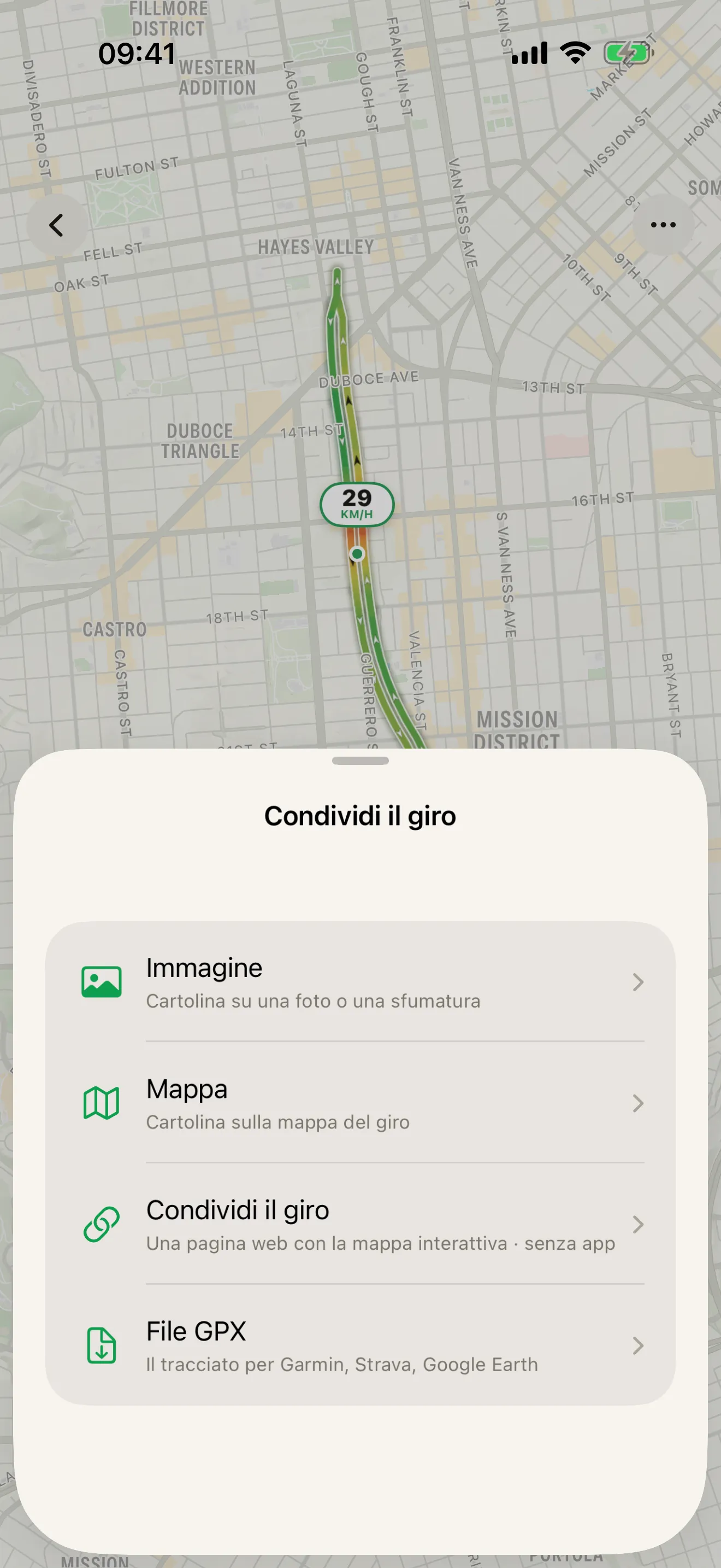 Il foglio «Condividi il giro» di Roveri sopra la mappa di un giro, con «Immagine», «Mappa», «Condividi il giro» — una pagina web con la mappa interattiva — e «File GPX»