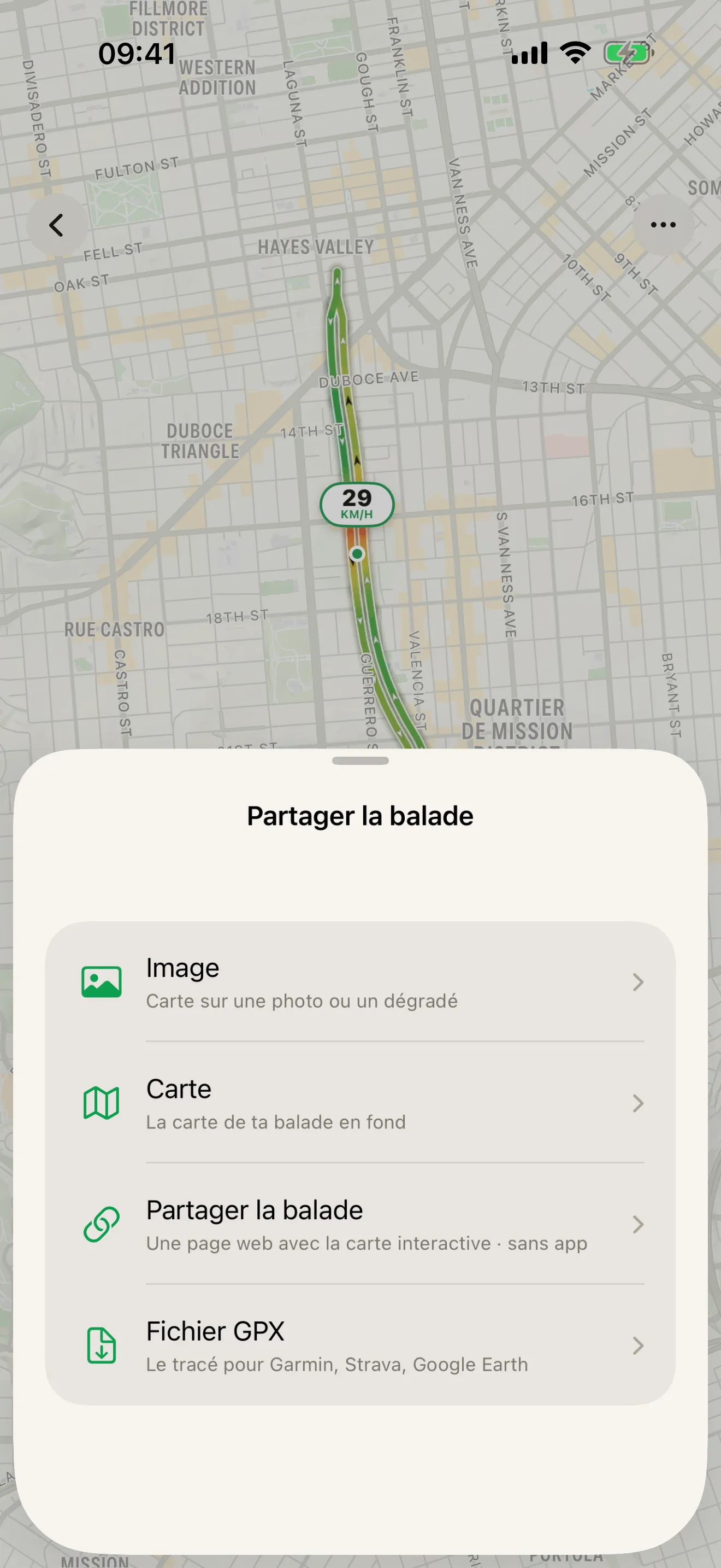 La feuille « Partager la balade » de Roveri sur la carte d’une balade, avec « Image », « Carte », « Partager la balade » — une page web avec la carte interactive — et « Fichier GPX »
