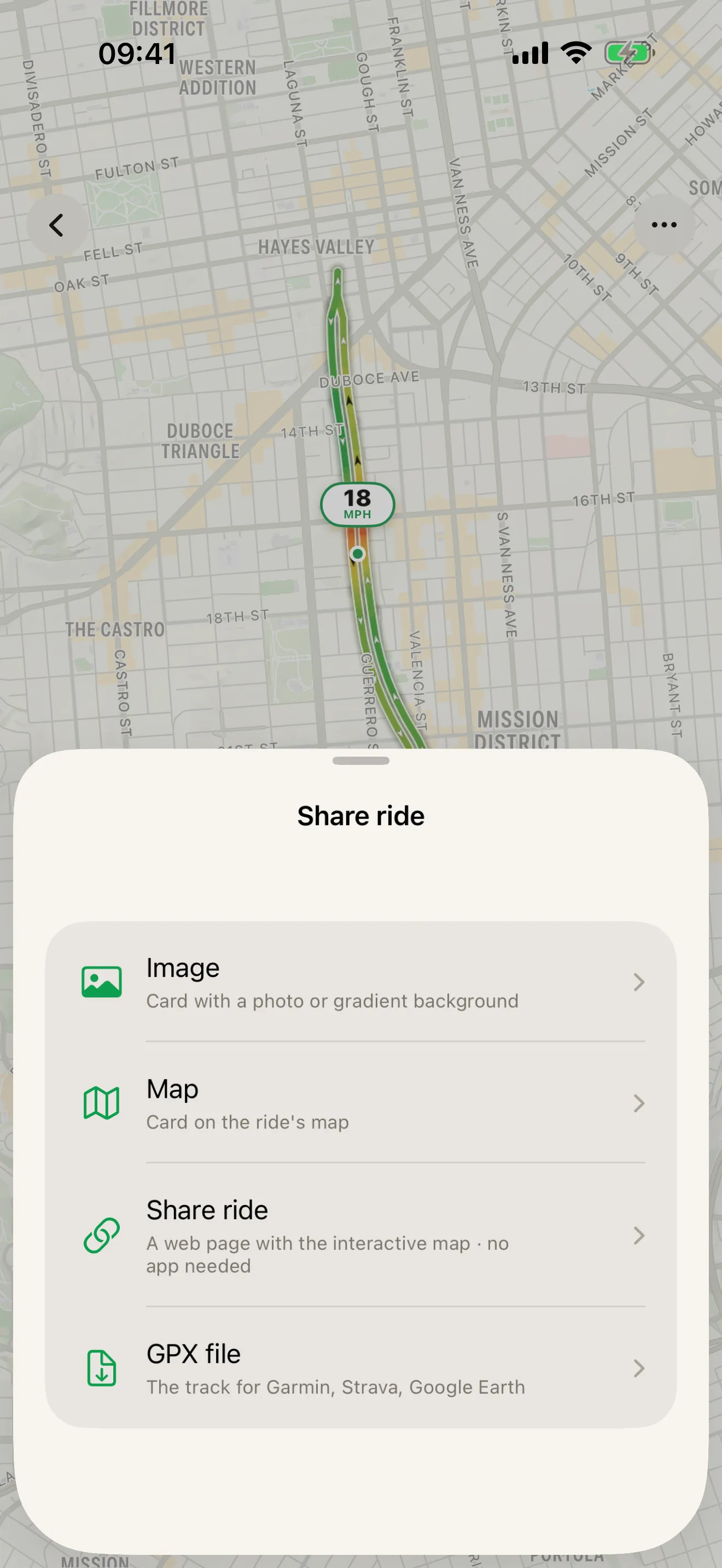 Roveri's Share ride sheet over a ride map, listing Image, Map, Share ride — a web page with the interactive map — and GPX file