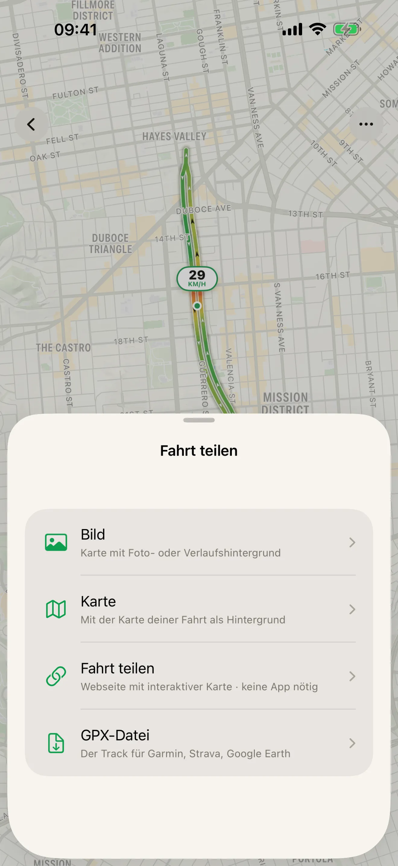 Das Blatt „Fahrt teilen“ in Roveri über einer Fahrtkarte, mit „Bild“, „Karte“, „Fahrt teilen“ – eine Webseite mit der interaktiven Karte – und „GPX-Datei“