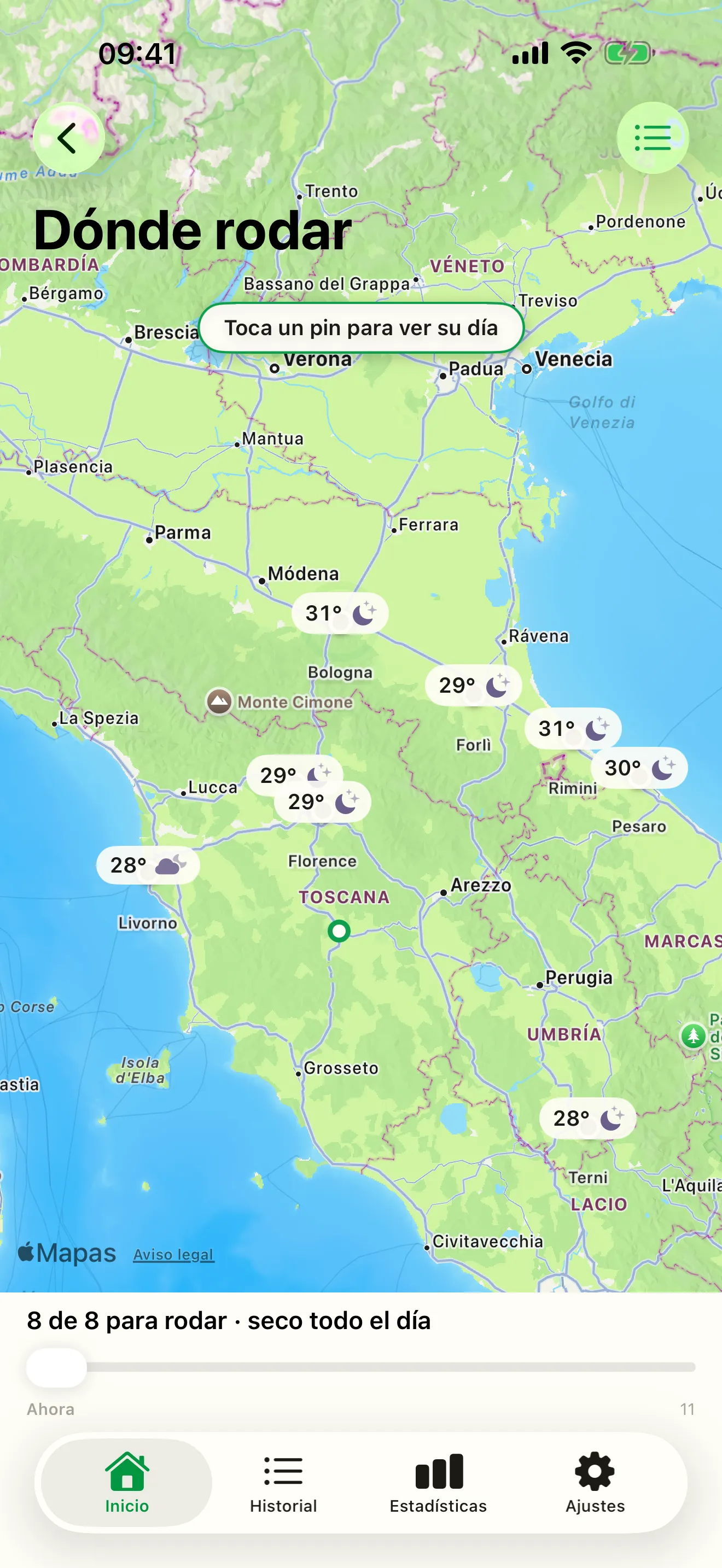 Dónde rodar: destinos cercanos marcados sobre un mapa, cada uno con su puntuación de clima para rodar del día